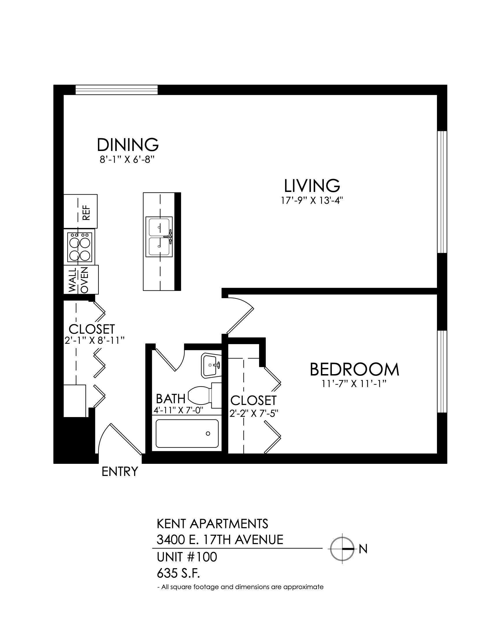 Floor plan for 1 bed, 1 bath, 660 sqft